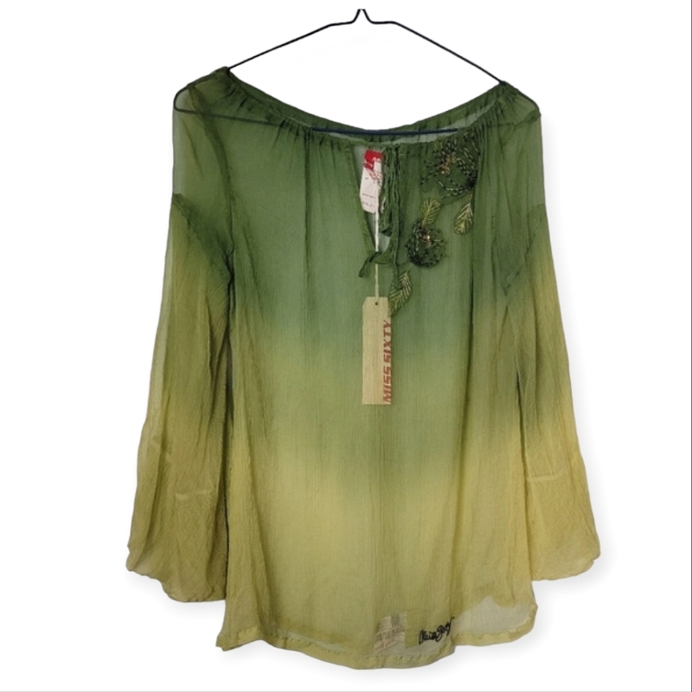 Vintage Y2K Fairycore Miss Sixty Sheer Ombre Chiffon Beaded Blouse green M